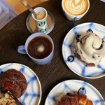 Looking down on coffee and pastries