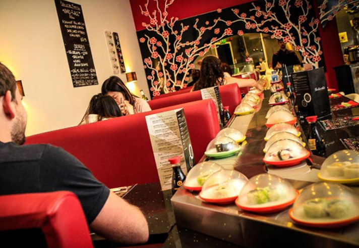 Interior of a restaurant with Japanese decor.