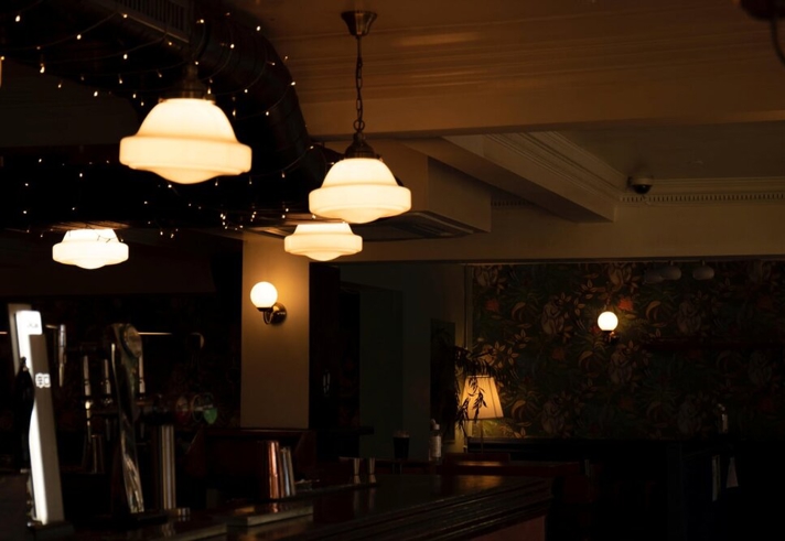 The interior of a dimly lit bar.