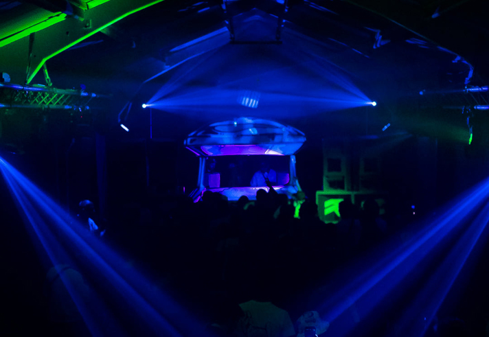 An event at Dryad Works, the whole place is full of people dancing.