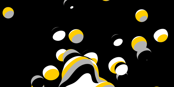 Abstract illustration featuring a cluster of wavy, layered shapes in black, white, yellow, and gray at the bottom, with numerous floating spheres in the same colours scattered across a black background. The design has a dynamic, modern feel with bold contrasts and curved lines.
