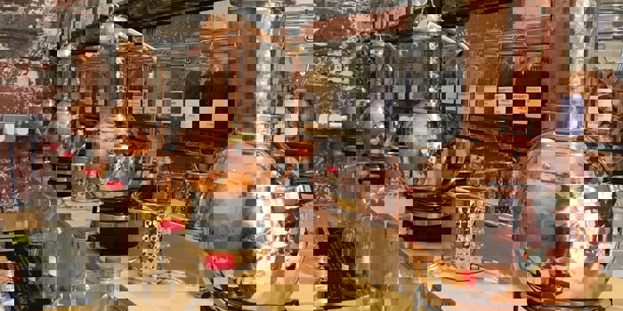 A row of polished copper stills sits on a wooden counter inside a distillery workspace. Shelves above are lined with labelled glass jars filled with herbs, spices, and botanicals. Empty glass bottles with red caps are arranged on the counter, creating an organised, artisanal atmosphere.